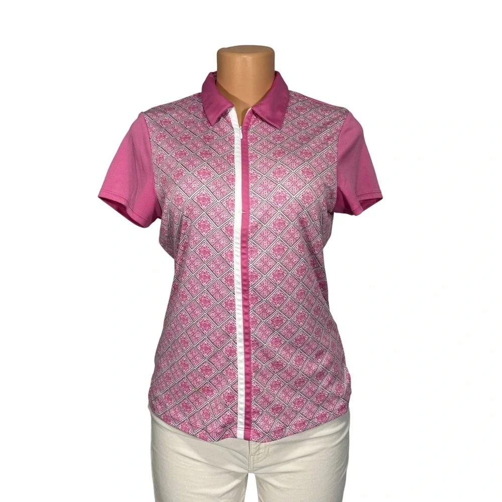 PGA Tour Womens Pink Geometric Tile Print Quarter‎ Zip Golf Polo Shirt Size M